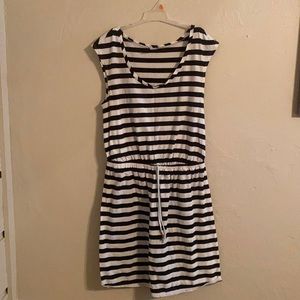 Black and white striped dress with synched waist
